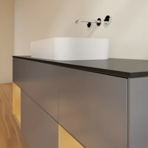 VILLEROY BOCH Toaletní skříňka Finion, s osvětlením, 4 výsuvy, 1600 x 603 x 501 mm, antracit matný lak / zlatý matný lak / černé matné sklo #F742HFGK, obrázek 6