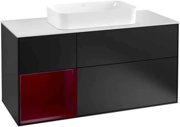 VILLEROY BOCH Toaletní skříňka Finion, s osvětlením, 3 výsuvy, 1200 x 603 x 501 mm, černý matný lak / pivoňkový matný lak / bílé matné sklo #F291HBPD