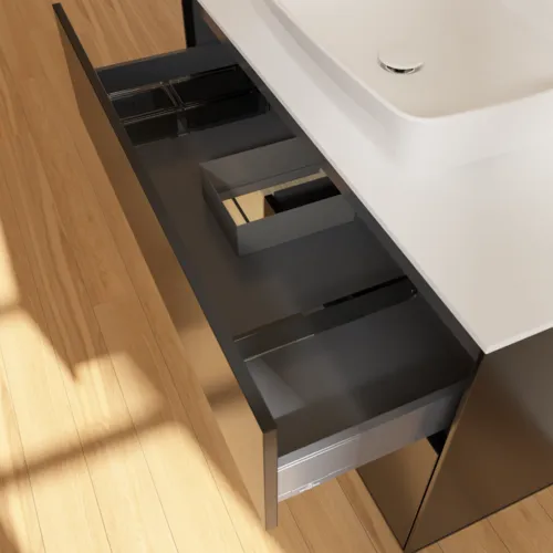 VILLEROY BOCH Toaletní skříňka Finion, s osvětlením, 2 výsuvy, 1000 x 603 x 501 mm, černý matný lak / dubová dýha / sklo bílé matné #F771PCPD, obrázek 8