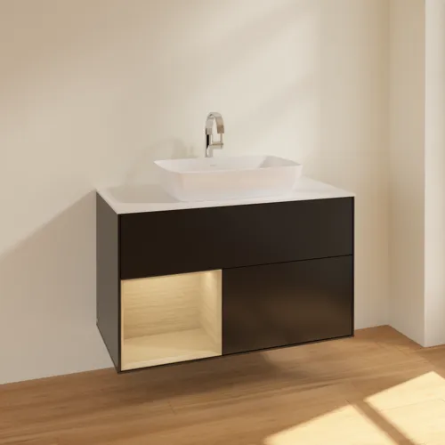 VILLEROY BOCH Toaletní skříňka Finion, s osvětlením, 2 výsuvy, 1000 x 603 x 501 mm, černý matný lak / dubová dýha / sklo bílé matné #F771PCPD, obrázek 2
