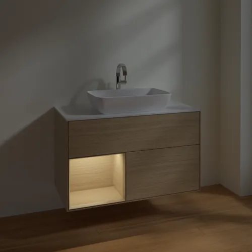 VILLEROY BOCH Toaletní skříňka Finion, s osvětlením, 2 výsuvy, 1000 x 603 x 501 mm, dubová dýha / dubová dýha / sklo bílé matné #F771PCPC, obrázek 5