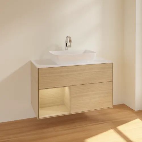 VILLEROY BOCH Toaletní skříňka Finion, s osvětlením, 2 výsuvy, 1000 x 603 x 501 mm, dubová dýha / dubová dýha / sklo bílé matné #F771PCPC, obrázek 2