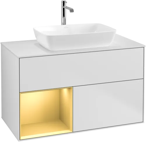 VILLEROY BOCH Toaletní skříňka Finion, s osvětlením, 2 výsuvy, 1000 x 603 x 501 mm, bílý matný lak / zlatý matný lak / sklo bílé matné #F771HFMT