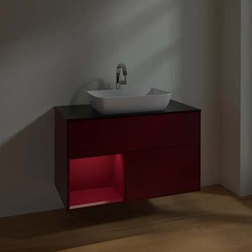VILLEROY BOCH Toaletní skříňka Finion, s osvětlením, 2 výsuvy, 1000 x 603 x 501 mm, Peony Matt Lacquer / Peony Matt Lacquer / Glass Black Matt #F772HBHB, obrázek 5