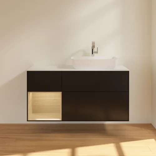VILLEROY BOCH Toaletní skříňka Finion, s osvětlením, 3 výsuvy, 1200 x 603 x 501 mm, černý matný lak / dubová dýha / sklo bílé matné #F801PCPD, obrázek 3