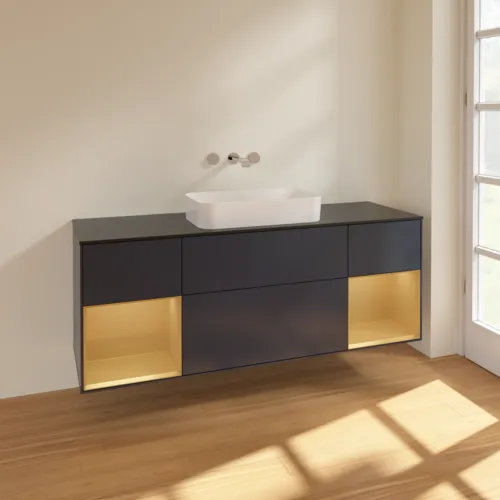VILLEROY BOCH Toaletní skříňka Finion, s osvětlením, 4 výsuvy, 1600 x 603 x 501 mm, Midnight Blue Matt Lacquer / Gold Matt Lacquer / Glass Black Matt #F742HFHG, obrázek 2