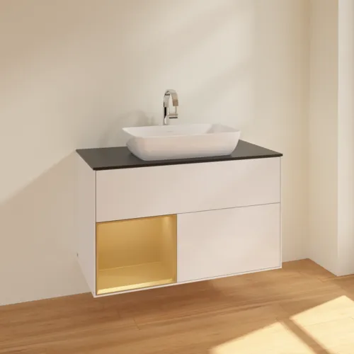 VILLEROY BOCH Toaletní skříňka Finion, s osvětlením, 2 výsuvy, 1000 x 603 x 501 mm, lesklý bílý lak / zlatý matný lak / černé matné sklo #F772HFGF, obrázek 2