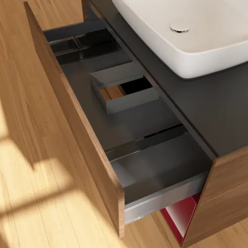 VILLEROY BOCH Toaletní skříňka Finion, s osvětlením, 2 výsuvy, 1000 x 603 x 501 mm, ořechová dýha / matný lak Pivoňka / černé matné sklo #F782HBGN, obrázek 8