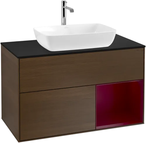 VILLEROY BOCH Toaletní skříňka Finion, s osvětlením, 2 výsuvy, 1000 x 603 x 501 mm, ořechová dýha / matný lak Pivoňka / černé matné sklo #F782HBGN, obrázek 1