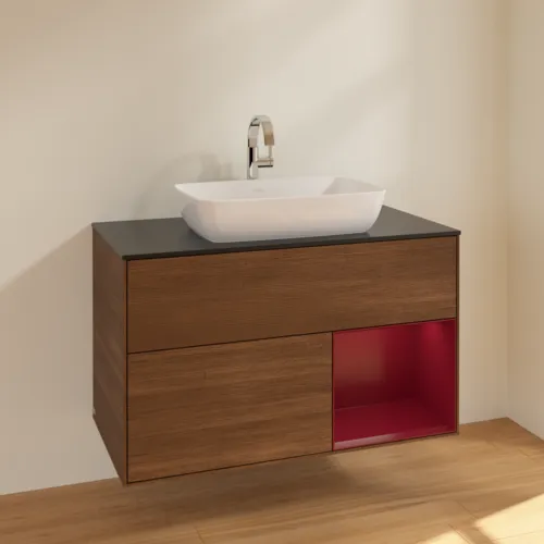 VILLEROY BOCH Toaletní skříňka Finion, s osvětlením, 2 výsuvy, 1000 x 603 x 501 mm, ořechová dýha / matný lak Pivoňka / černé matné sklo #F782HBGN, obrázek 2
