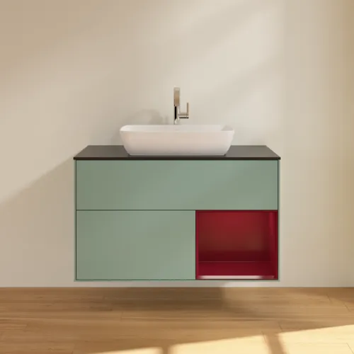 VILLEROY BOCH Toaletní skříňka Finion, s osvětlením, 2 výsuvy, 1000 x 603 x 501 mm, olivový matný lak / pivoňkový matný lak / černé matné sklo #F782HBGM, obrázek 3
