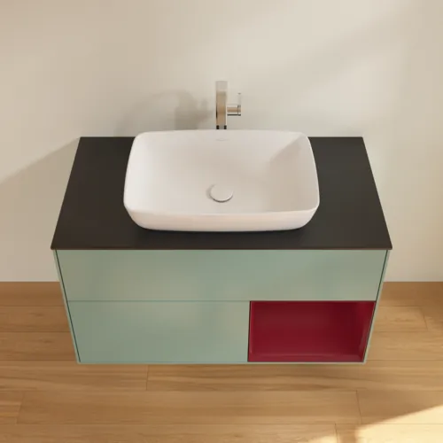 VILLEROY BOCH Toaletní skříňka Finion, s osvětlením, 2 výsuvy, 1000 x 603 x 501 mm, olivový matný lak / pivoňkový matný lak / černé matné sklo #F782HBGM, obrázek 4