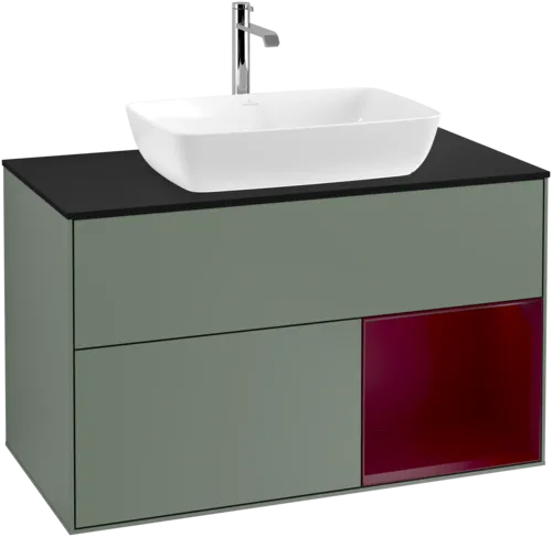 VILLEROY BOCH Toaletní skříňka Finion, s osvětlením, 2 výsuvy, 1000 x 603 x 501 mm, olivový matný lak / pivoňkový matný lak / černé matné sklo #F782HBGM
