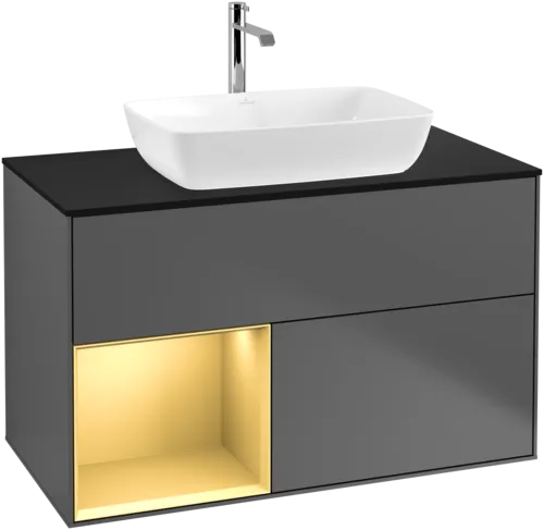 VILLEROY BOCH Toaletní skříňka Finion, s osvětlením, 2 výsuvy, 1000 x 603 x 501 mm, antracit matný lak / zlatý matný lak / černé matné sklo #F772HFGK, obrázek 1