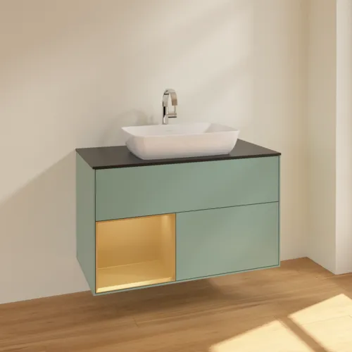 VILLEROY BOCH Toaletní skříňka Finion, s osvětlením, 2 výsuvy, 1000 x 603 x 501 mm, olivový matný lak / zlatý matný lak / černé matné sklo #F772HFGM, obrázek 2