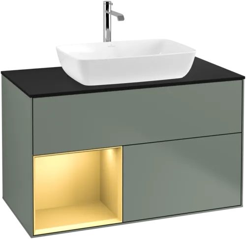 VILLEROY BOCH Toaletní skříňka Finion, s osvětlením, 2 výsuvy, 1000 x 603 x 501 mm, olivový matný lak / zlatý matný lak / černé matné sklo #F772HFGM