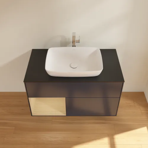 VILLEROY BOCH Toaletní skříňka Finion, s osvětlením, 2 výsuvy, 1000 x 603 x 501 mm, Midnight Blue Matt Lacquer / Oak Veneer / Glass Black Matt #F772PCHG, obrázek 4