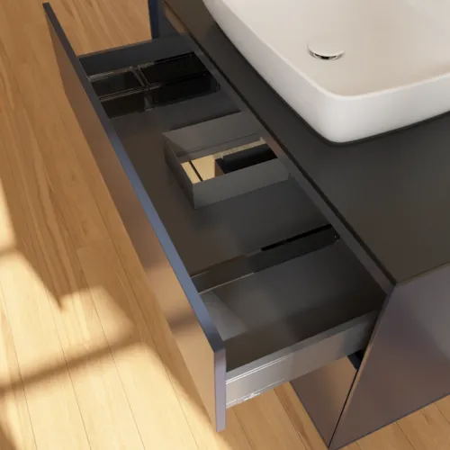 VILLEROY BOCH Toaletní skříňka Finion, s osvětlením, 2 výsuvy, 1000 x 603 x 501 mm, Midnight Blue Matt Lacquer / Oak Veneer / Glass Black Matt #F772PCHG, obrázek 8