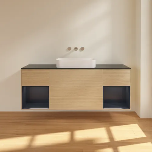 VILLEROY BOCH Toaletní skříňka Finion, s osvětlením, 4 výsuvy, 1600 x 603 x 501 mm, dubová dýha / půlnočně modrý matný lak / černé matné sklo #F742HGPC, obrázek 3