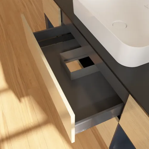 VILLEROY BOCH Toaletní skříňka Finion, s osvětlením, 4 výsuvy, 1600 x 603 x 501 mm, dubová dýha / půlnočně modrý matný lak / černé matné sklo #F742HGPC, obrázek 8