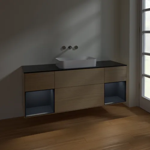 VILLEROY BOCH Toaletní skříňka Finion, s osvětlením, 4 výsuvy, 1600 x 603 x 501 mm, dubová dýha / půlnočně modrý matný lak / černé matné sklo #F742HGPC, obrázek 5