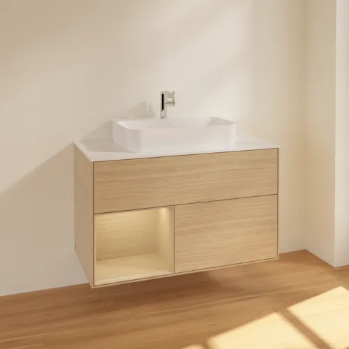 VILLEROY BOCH Toaletní skříňka Finion, s osvětlením, 2 výsuvy, 1000 x 603 x 501 mm, dubová dýha / dubová dýha / sklo bílé matné #F361PCPC, obrázek 2