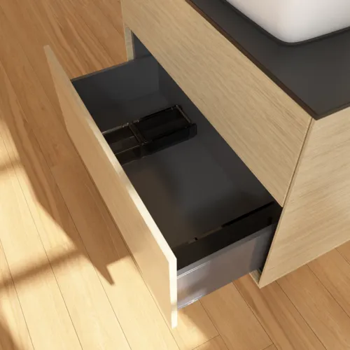 VILLEROY BOCH Toaletní skříňka Finion, 2 výsuvy, 800 x 603 x 501 mm, dubová dýha / sklo černé matné #F75200PC, obrázek 6