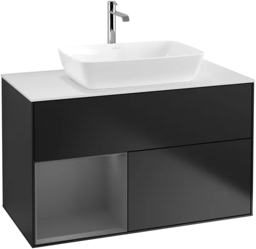 VILLEROY BOCH Toaletní skříňka Finion, s osvětlením, 2 výsuvy, 1000 x 603 x 501 mm, černý matný lak / antracitový matný lak / bílé matné sklo #F771GKPD, obrázek 1