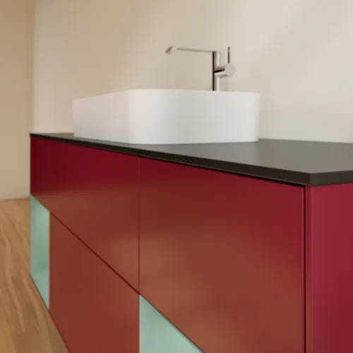 VILLEROY BOCH Toaletní skříňka Finion, s osvětlením, 4 výsuvy, 1600 x 603 x 501 mm, Pivoňka matný lak / Olivový matný lak / Sklo černé matné #F332GMHB, obrázek 6