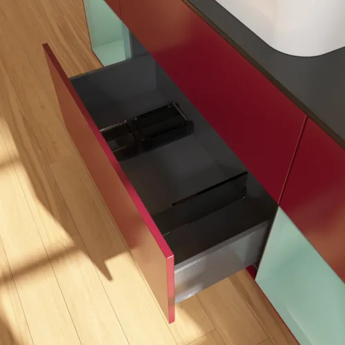 VILLEROY BOCH Toaletní skříňka Finion, s osvětlením, 4 výsuvy, 1600 x 603 x 501 mm, Pivoňka matný lak / Olivový matný lak / Sklo černé matné #F332GMHB, obrázek 7