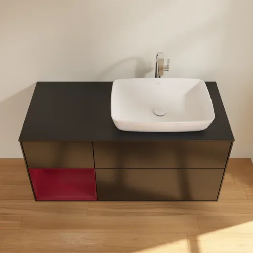 VILLEROY BOCH Toaletní skříňka Finion, s osvětlením, 3 výsuvy, 1200 x 603 x 501 mm, černý matný lak / pivoňkový matný lak / černé matné sklo #F802HBPD, obrázek 4