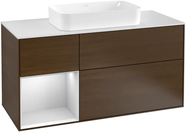 VILLEROY BOCH Toaletní skříňka Finion, s osvětlením, 3 výsuvy, 1200 x 603 x 501 mm, ořechová dýha / bílý matný lak / bílé matné sklo #F291MTGN