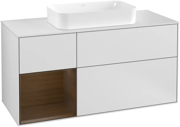 VILLEROY BOCH Toaletní skříňka Finion, s osvětlením, 3 výsuvy, 1200 x 603 x 501 mm, bílý matný lak / ořechová dýha / sklo bílé matné #F291GNMT