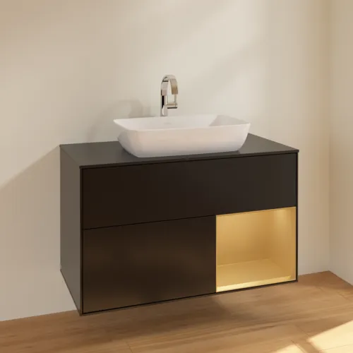 VILLEROY BOCH Toaletní skříňka Finion, s osvětlením, 2 výsuvy, 1000 x 603 x 501 mm, černý matný lak / zlatý matný lak / černé matné sklo #F782HFPD, obrázek 2
