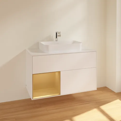 VILLEROY BOCH Toaletní skříňka Finion, s osvětlením, 2 výsuvy, 1000 x 603 x 501 mm, bílý matný lak / zlatý matný lak / sklo bílé matné #F361HFMT, obrázek 2