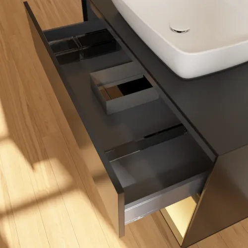 VILLEROY BOCH Toaletní skříňka Finion, s osvětlením, 2 výsuvy, 1000 x 603 x 501 mm, černý matný lak / zlatý matný lak / černé matné sklo #F782HFPD, obrázek 8