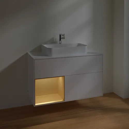 VILLEROY BOCH Toaletní skříňka Finion, s osvětlením, 2 výsuvy, 1000 x 603 x 501 mm, bílý matný lak / zlatý matný lak / sklo bílé matné #F361HFMT, obrázek 5