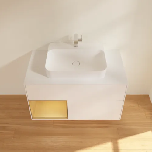 VILLEROY BOCH Toaletní skříňka Finion, s osvětlením, 2 výsuvy, 1000 x 603 x 501 mm, bílý matný lak / zlatý matný lak / sklo bílé matné #F361HFMT, obrázek 4