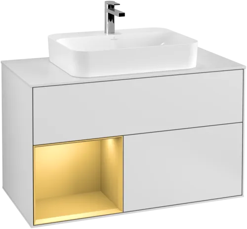 VILLEROY BOCH Toaletní skříňka Finion, s osvětlením, 2 výsuvy, 1000 x 603 x 501 mm, bílý matný lak / zlatý matný lak / sklo bílé matné #F361HFMT