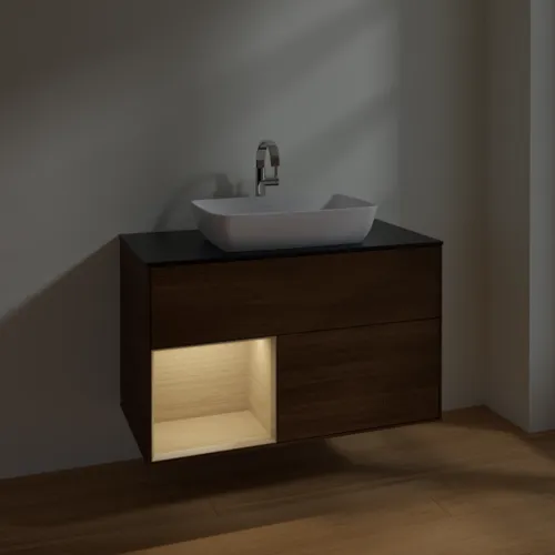 VILLEROY BOCH Toaletní stolek Finion, s osvětlením, 2 výsuvy, 1000 x 603 x 501 mm, ořechová dýha / dubová dýha / sklo černé matné #F772PCGN, obrázek 5