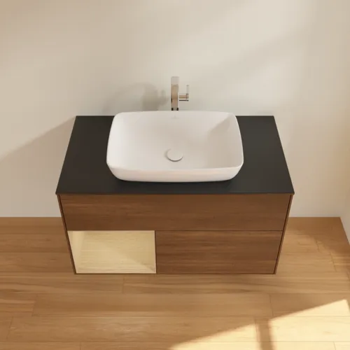 VILLEROY BOCH Toaletní stolek Finion, s osvětlením, 2 výsuvy, 1000 x 603 x 501 mm, ořechová dýha / dubová dýha / sklo černé matné #F772PCGN, obrázek 4