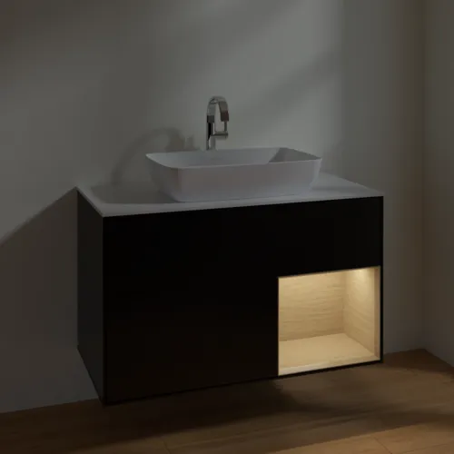 VILLEROY BOCH Toaletní skříňka Finion, s osvětlením, 2 výsuvy, 1000 x 603 x 501 mm, černý matný lak / dubová dýha / sklo bílé matné #F781PCPD, obrázek 5