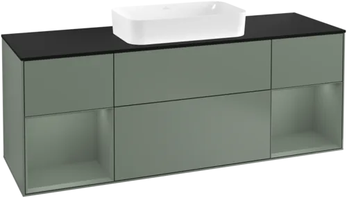 VILLEROY BOCH Toaletní skříňka Finion, s osvětlením, 4 výsuvy, 1600 x 603 x 501 mm, olivově matný lak / olivově matný lak / sklo černé matné #F332GMGM
