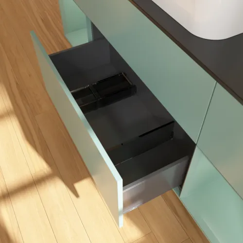 VILLEROY BOCH Toaletní skříňka Finion, s osvětlením, 4 výsuvy, 1600 x 603 x 501 mm, olivově matný lak / olivově matný lak / sklo černé matné #F332GMGM, obrázek 7
