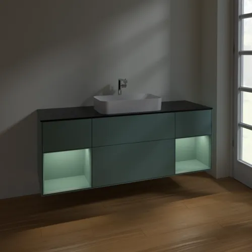 VILLEROY BOCH Toaletní skříňka Finion, s osvětlením, 4 výsuvy, 1600 x 603 x 501 mm, olivově matný lak / olivově matný lak / sklo černé matné #F332GMGM, obrázek 5