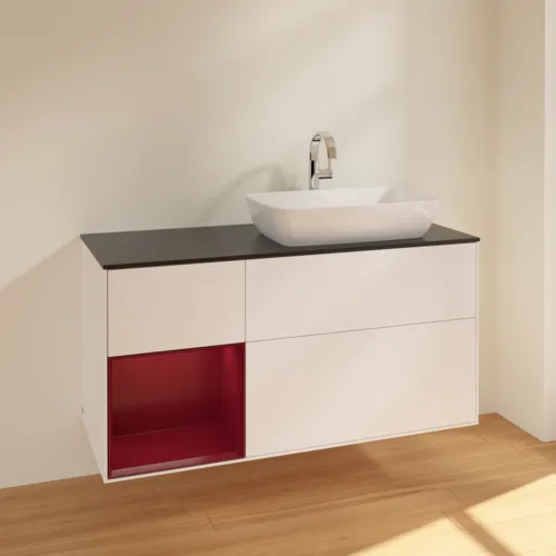 VILLEROY BOCH Toaletní skříňka Finion, s osvětlením, 3 výsuvy, 1200 x 603 x 501 mm, bílý matný lak / pivoňkový matný lak / černé matné sklo #F802HBMT, obrázek 2