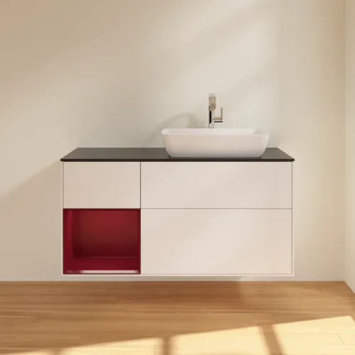 VILLEROY BOCH Toaletní skříňka Finion, s osvětlením, 3 výsuvy, 1200 x 603 x 501 mm, bílý matný lak / pivoňkový matný lak / černé matné sklo #F802HBMT, obrázek 3