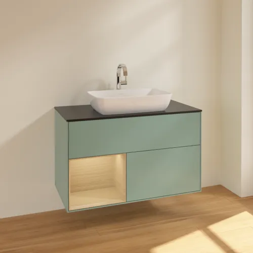 VILLEROY BOCH Toaletní skříňka Finion, s osvětlením, 2 výsuvy, 1000 x 603 x 501 mm, olivový matný lak / dubová dýha / sklo černé matné #F772PCGM, obrázek 2