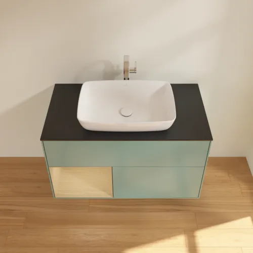 VILLEROY BOCH Toaletní skříňka Finion, s osvětlením, 2 výsuvy, 1000 x 603 x 501 mm, olivový matný lak / dubová dýha / sklo černé matné #F772PCGM, obrázek 4