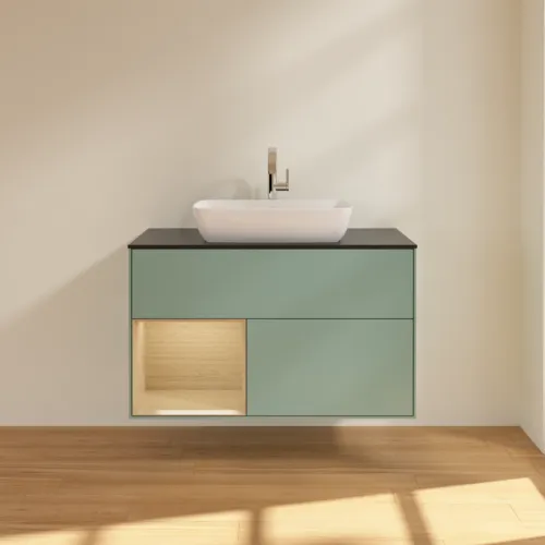 VILLEROY BOCH Toaletní skříňka Finion, s osvětlením, 2 výsuvy, 1000 x 603 x 501 mm, olivový matný lak / dubová dýha / sklo černé matné #F772PCGM, obrázek 3